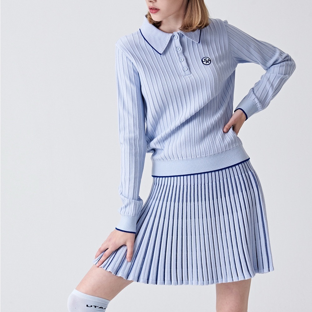 UTAA Golf Vertical Stripe Knit Pullover‎ Sweater and Pleats Long Skirt Set